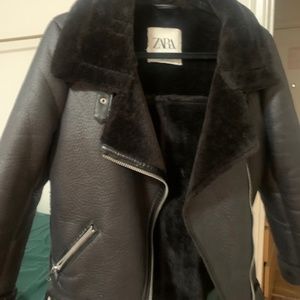 Zara Black Double-Faced Biker Jacket Winter Faux Leather